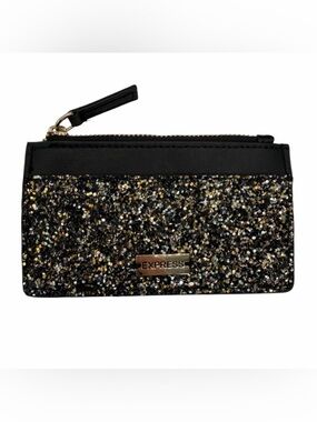 Express Black Glitter Zip Card Pouch with Gold Logo